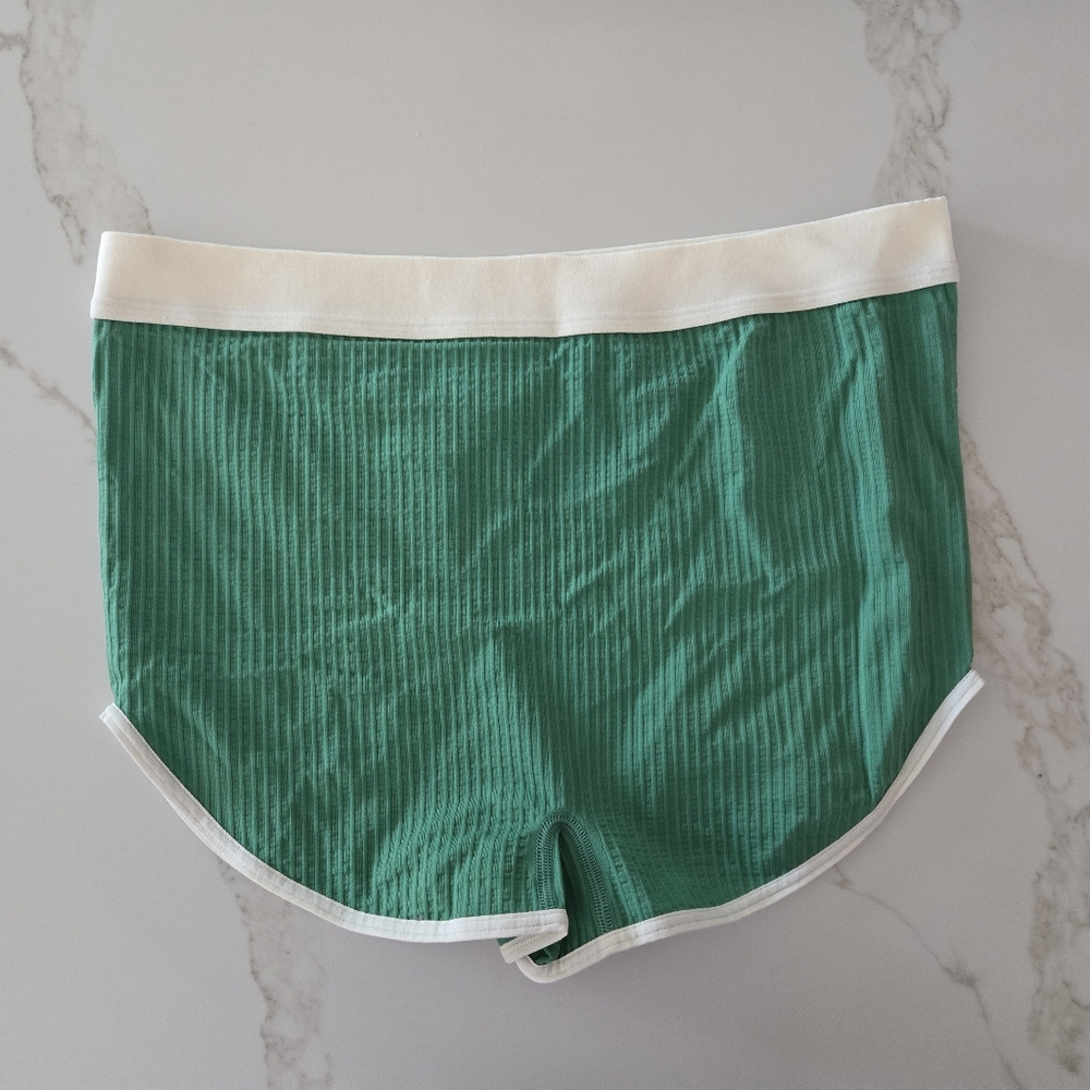NWT Anthropologie Green Ribbed Boy Shorts with White Waistband - Picture 2 of 5